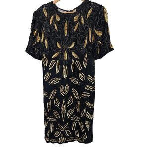 Vintage Night Vogue Silk Dress Women Medium Black Sequin 80s Beaded Whimsygoth